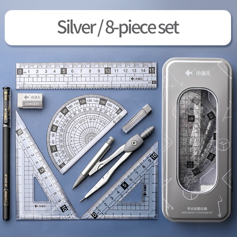 compasses ruler set triangle straightedge multifunctional math drawing caliper 2022 stationery school supplies: Silver 8-piece set