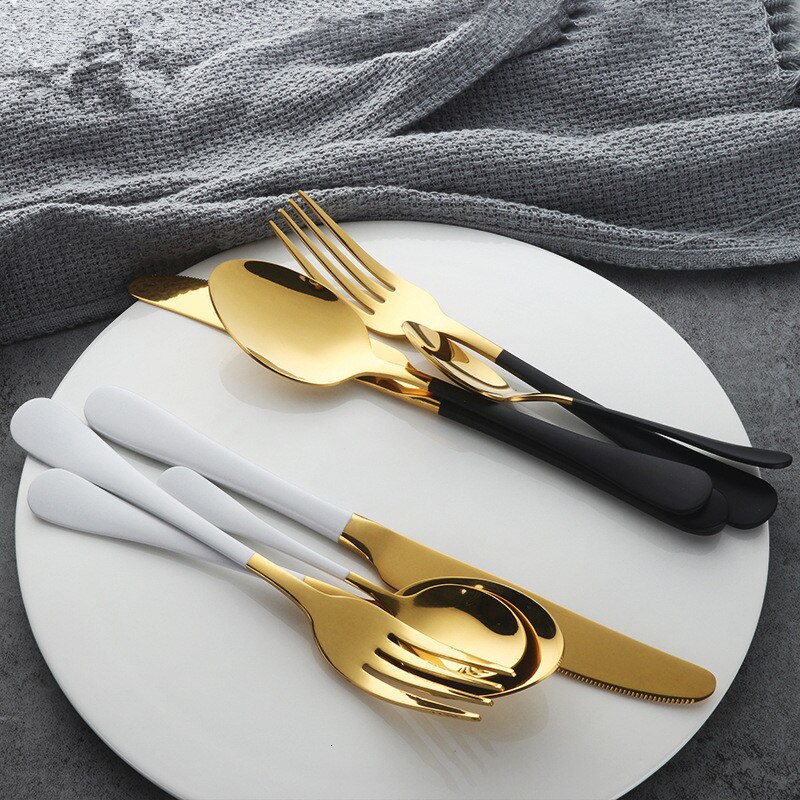 Black Gold Cutlery Set 18/10 Stainless Steel Fork Spoon Knife Set Mirror Tableware Set Portable Kitchen Spoon Silverware Set