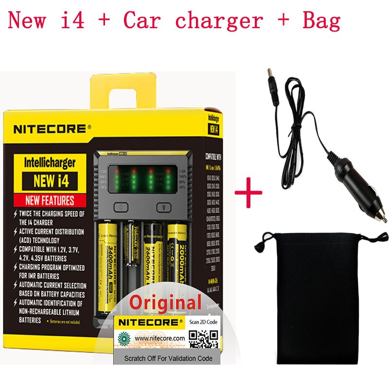 Nitecore I4 Battery Charger 18650 14500 16340 26650 LCD Li-ion Fast Charger 12V Charing for A AA AAA Battery Car Charger C2: i4 car charger bag / EU
