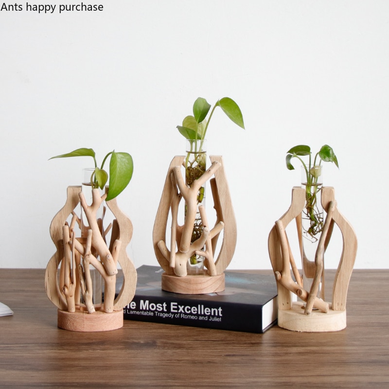 Jarrón de madera puro hecho a mano decorado maceta de madera para flores sólidas para vidrio contenedor hidropónico Floral florero decorativo casero