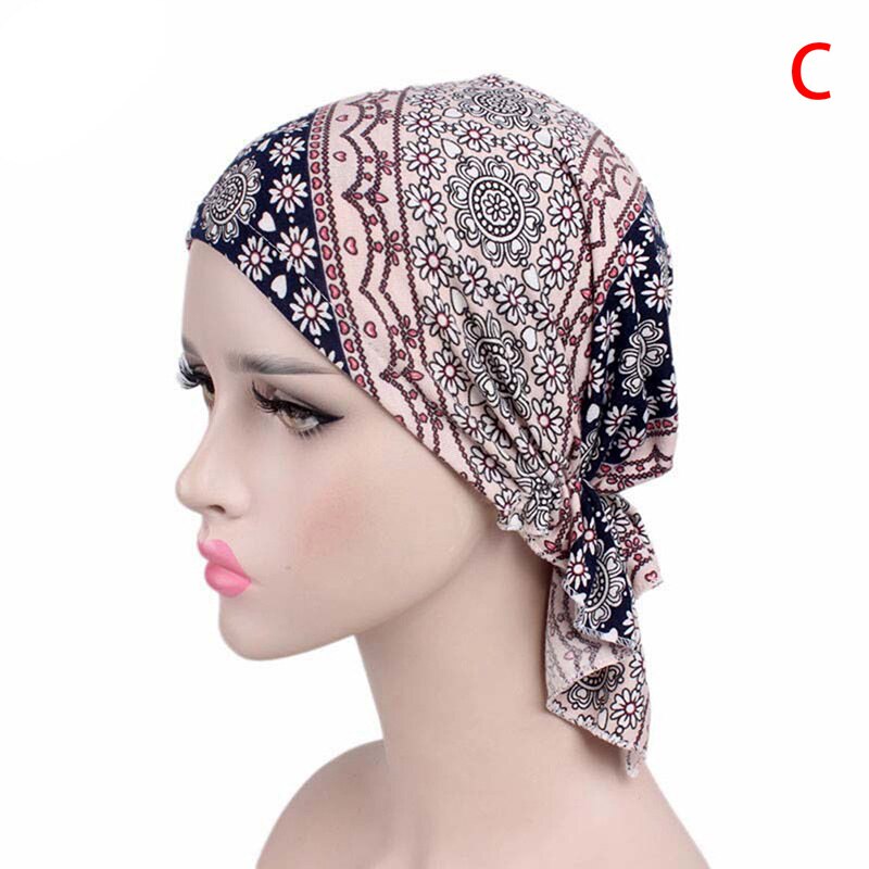 Women Feather-print Turban Hat Long Hair Hat Night Sleep Cap Lady Hair Care Bonnet Headwrap Muslim Hat Indian Hat: C