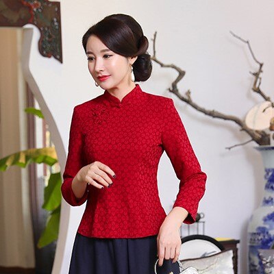 Chinese Style Long Sleeve Cotton Blouse Navy Blue Chinese Shirts Retro Qiapo Tops Female Classic Chinese Clothes: red Chinese blouse / XL