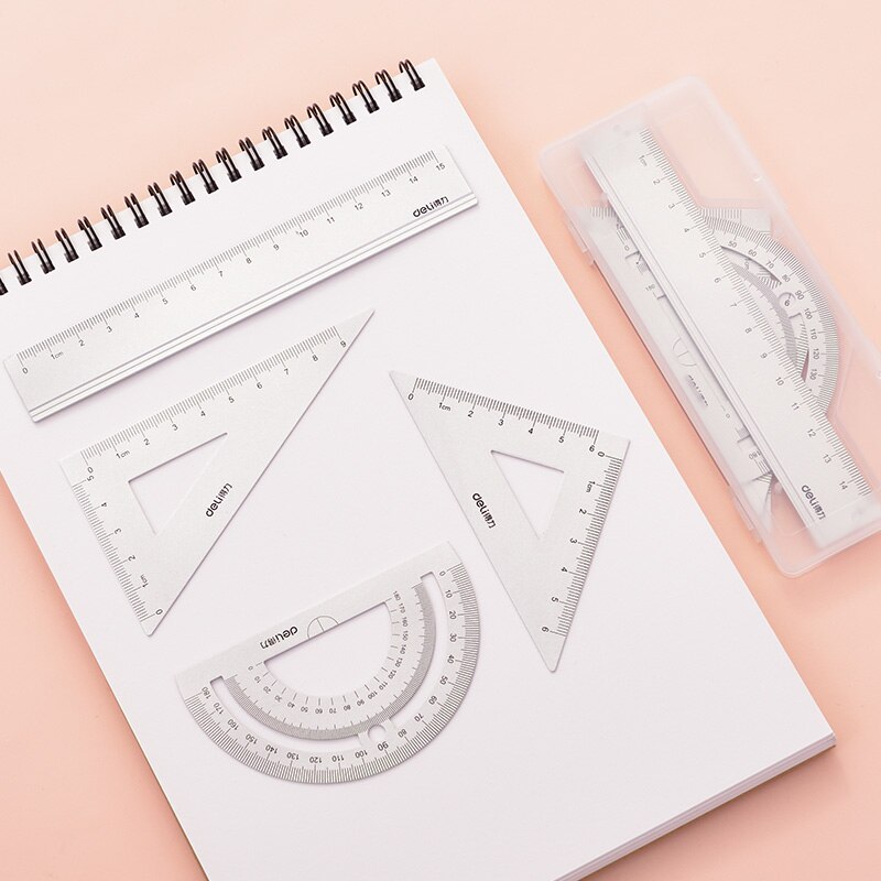 DELI Metal Ruler 20cm Set Stationery for Students Straightedge Triangle Ruler with Wave Line Protractor, Compass Triangle Plate: 15cm Silver