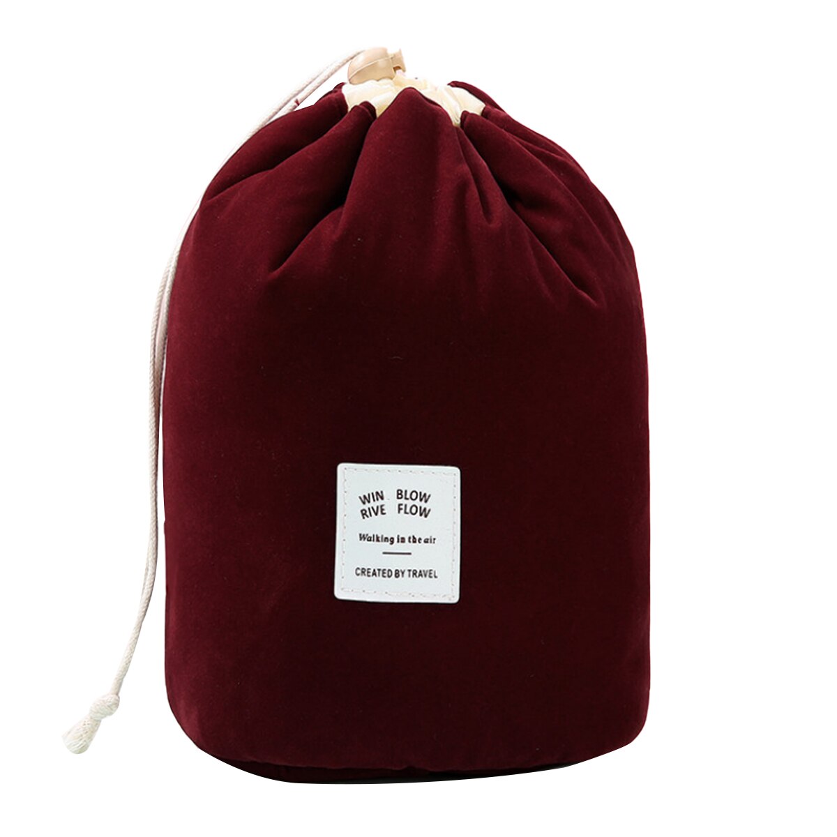 Flannel Cylinder Drawstring Storage Bag Large Capacity Convenient Travel Cosmetics Storage Bag: Burgundy