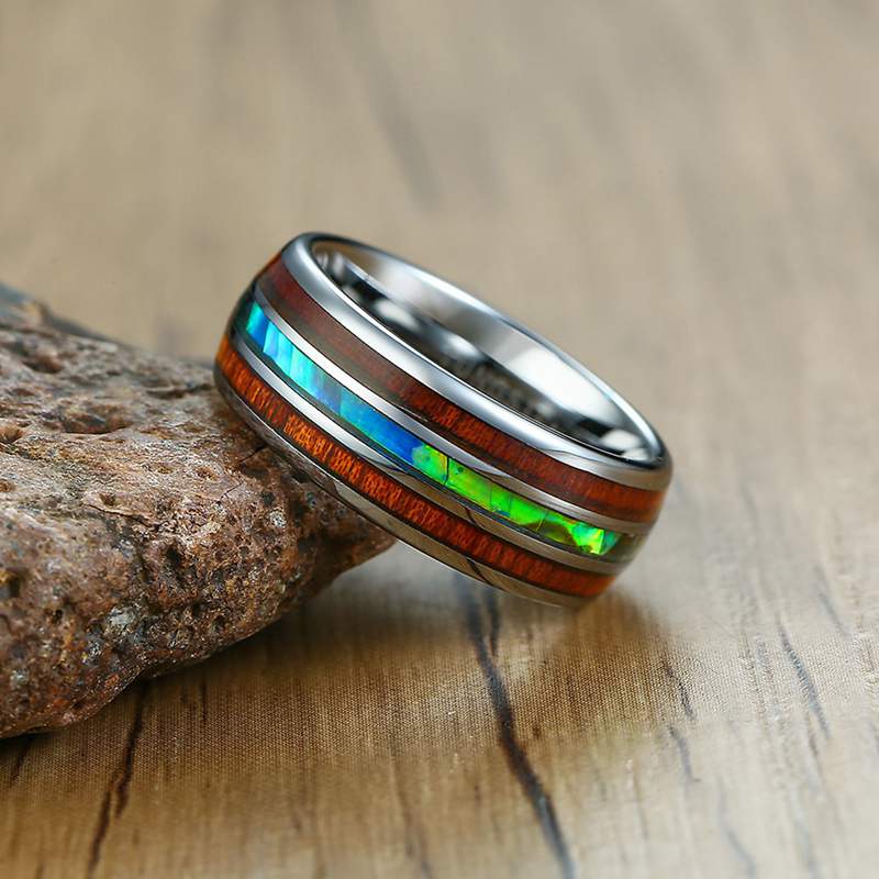 Pair 8mm stainless steel ring hawaiian koa wood abalone shell ring men women wedding band
