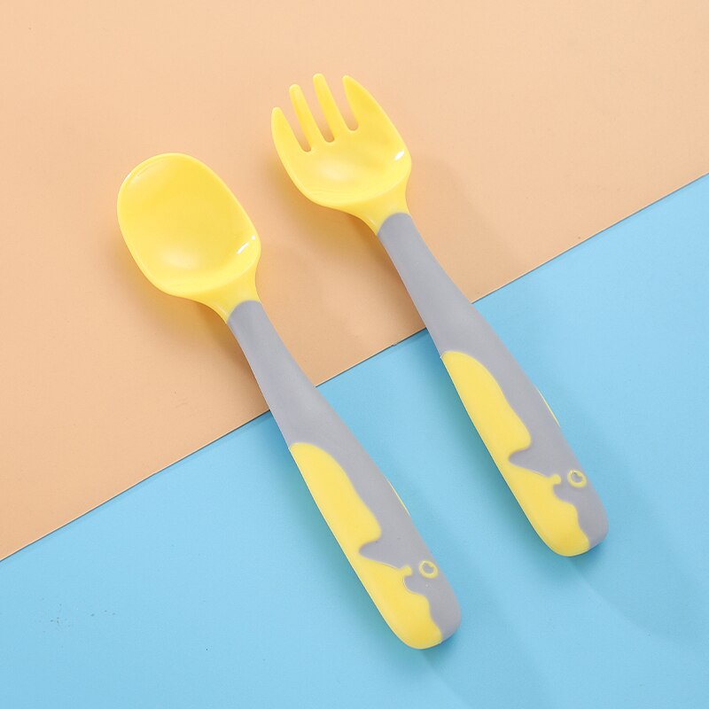 Baby Gadgets Tableware Set Children Utensil With Storage Box Toddler Dinnerware Cutlery Cartoon Infant Food Feeding Spoon Fork: Yellow