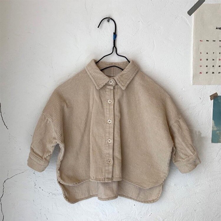 Koreaanse Kinderkleding Jongens En Meisjes Mode Voor Korte Lange Terug Button Shirt: Beige / 2T