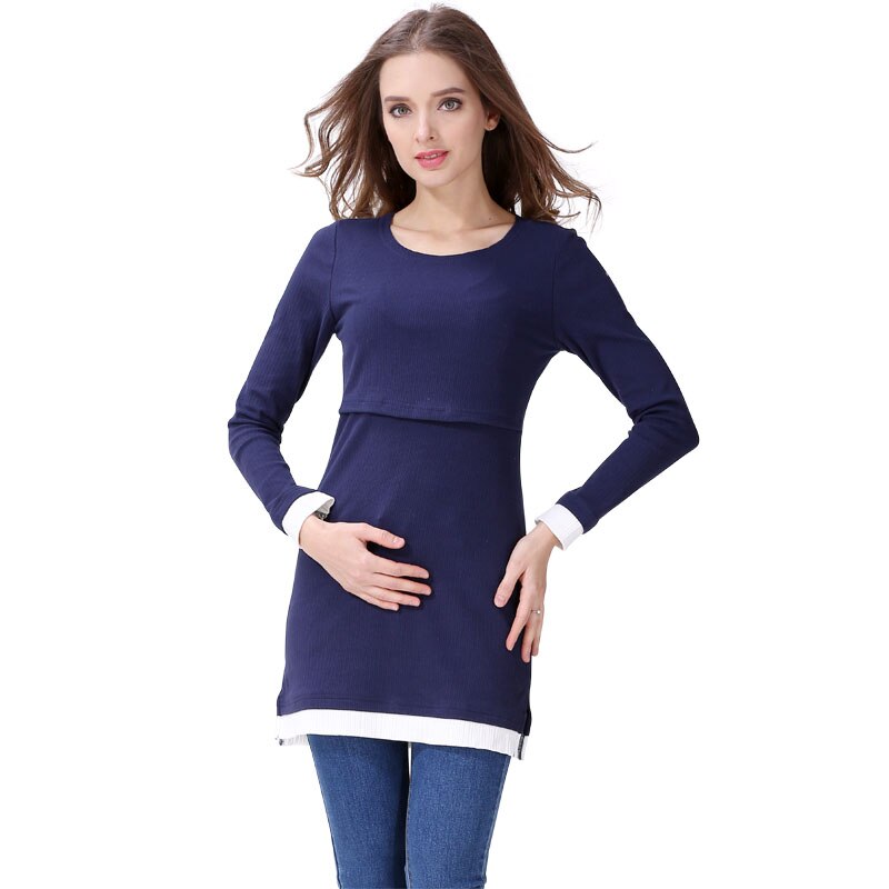 Emotie Moeders Coltrui Moederschap Kleding Verpleging Borstvoeding Tops Kleding Voor Zwangere Vrouwen Lange Mouw Moederschap T-shirts: Blauw / S