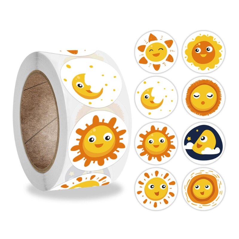 500Pcs/Roll 8 Styles Round Cartoon Sun Smiley Kids Reward Stickers Labels U7EE: 10