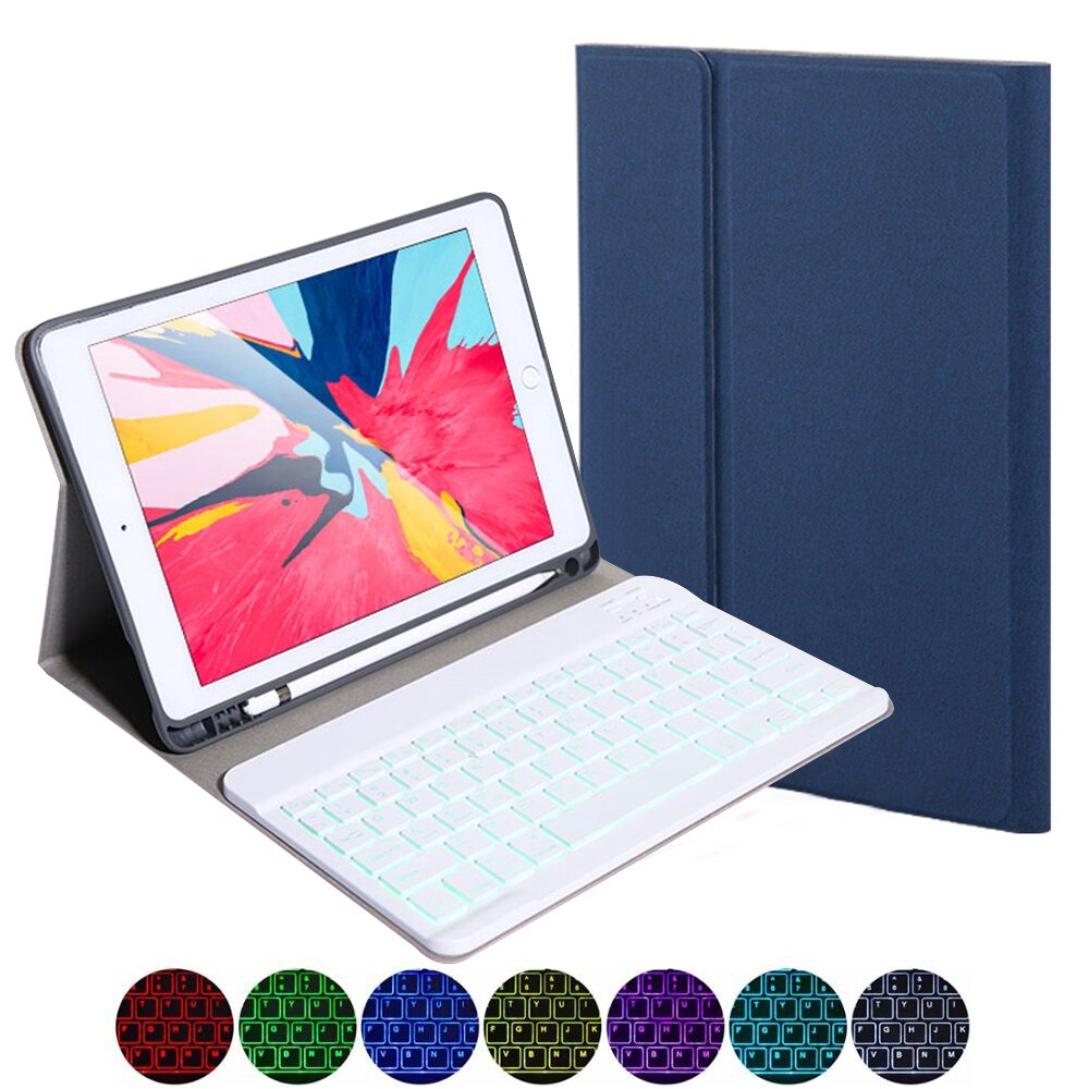 Voor ipad 7 10.2inch 7 Kleuren Backlit Tablet Bluetooth Toetsenbord met Doek Marks Tablet Lederen Beschermhoes met Pen Houder: Blue