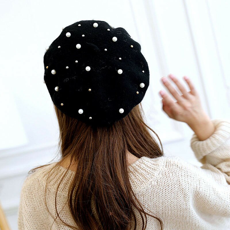 årgang ull strikket kvinner fransk perle beret hattemaker ski caps varm vinter jente søt maling beading hatt lue panser femme gorras