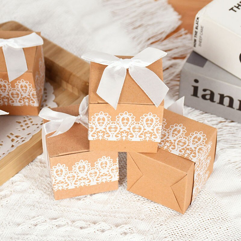 10/30/50pcs Lace Bow Candy Boxes Wedding for Guests Chocolate Packaging Box Bag Birthday Party Baby Shower Supplies