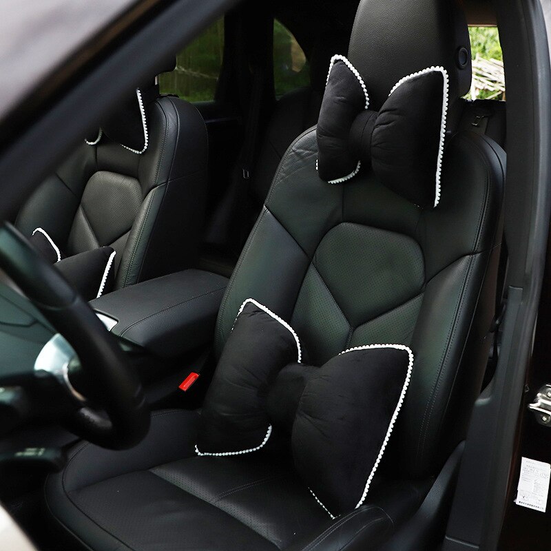 Bowknot Universal coche reposacabezas cuello almohadas transpirable lindo terciopelo cintura espalda apoyo cojín Interior del coche: Black / headrest