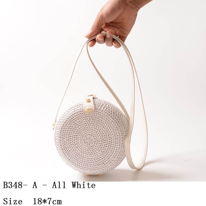 Zwart Wit Ronde Stro Tassen Vrouwen Zomer Rotan Tas Handgemaakte Geweven Strand Cross Body Bag Cirkel Bohemen Handtas Bali doos: A-AllWhite