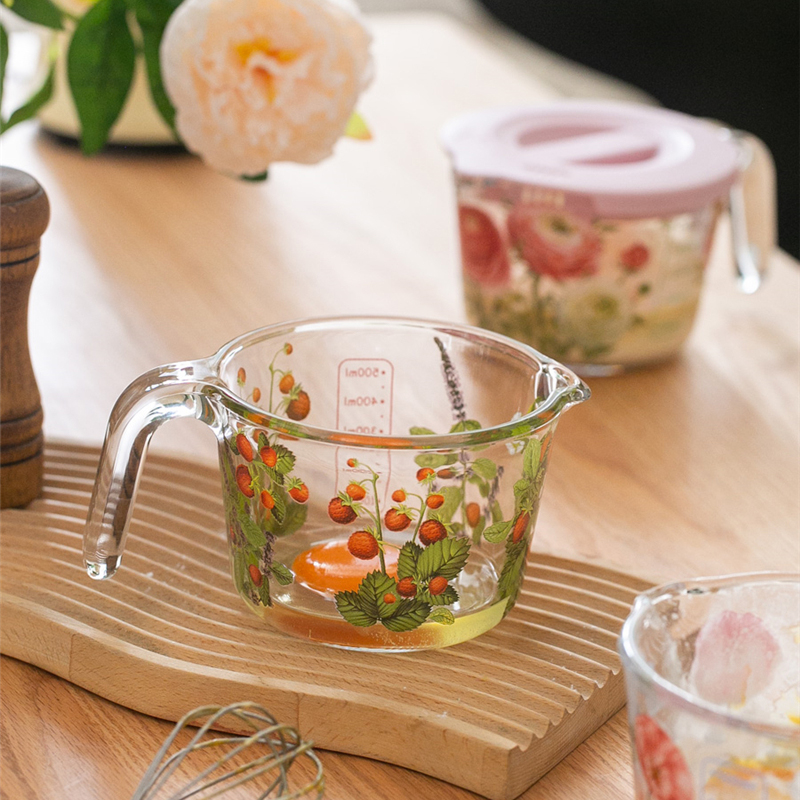 retro Blume Messbecher mit Deckel Glas Milch Saft Tasse mit Skala Messgläser Haushalt Küche Spielereien Backen Kochen Werkzeug