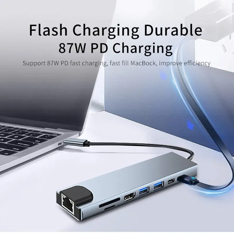 Usb c hub 8in1 7in2 7in1 tipo c 3.1 para 4k adaptador hdmi com leitor de cartão rj45 sd/tf pd carga rápida para macbook notebook portátil