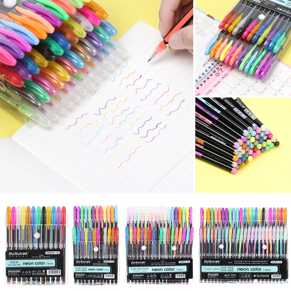 12/18/24/36/48 Kleuren Glitter Gel Pennen Set Voor Volwassen Kinderen Kleurboek Diy Journals Tekening doodling Art Markers Pen