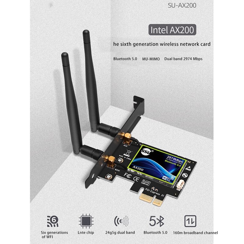 SSU Dual Band PCI Express WiFi Card Gigabit for AX200 2.4G/5Ghz 802.11Ac/Ax 5.0 Bluetooth Adapter Only Support Window10