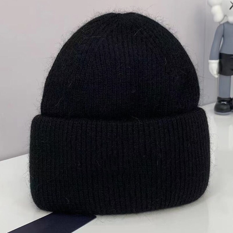 Rabbit fleece knitted hat women&#39;s pullover beanie casual warm elastic knitted hat: Black