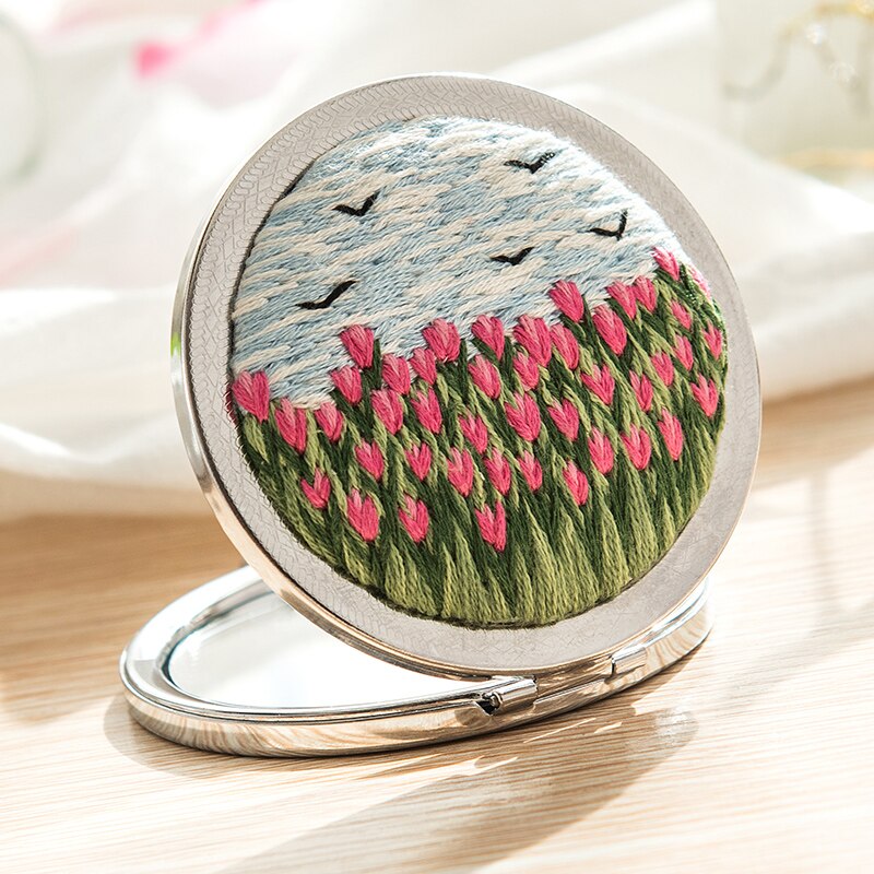 Broderispegel gör det själv-kit sminkspegel portabel dubbelsidig broderi lätt för nyare