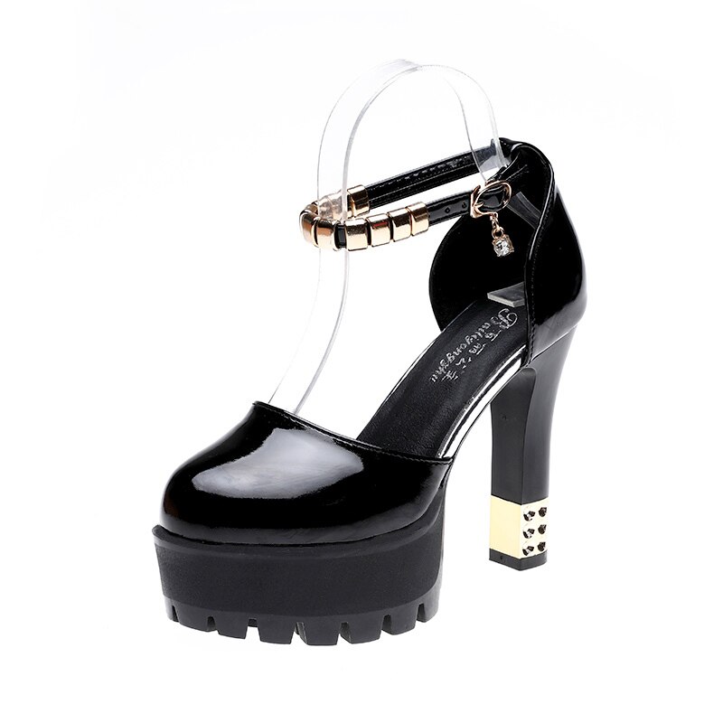 Super Hoge Hakken Platform Dikke Hakken Mode Hoge Hakken Vrouwen Pompen Schoenen Ronde Neus Pu Rubber Vrouwen Sandalen Schoenen Vrouw herfst: Black / 8