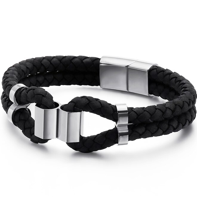 Brazaletes de cuero trenzado de doble capa para hombre brazalete Heren con cierre magnético pulsera para hombre Oro Negro S. Gota de acero: Silver Color