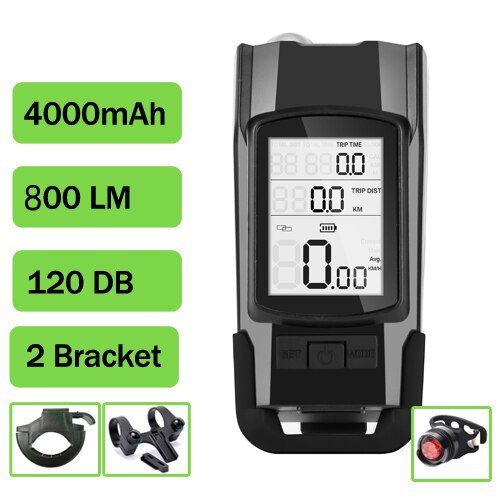 Wireless Bicycle Computer MTB Cycling Bike Odometer Stopwatch Speedometer Integrated 800LM Headlight 120DB Horn Accessories: Black D