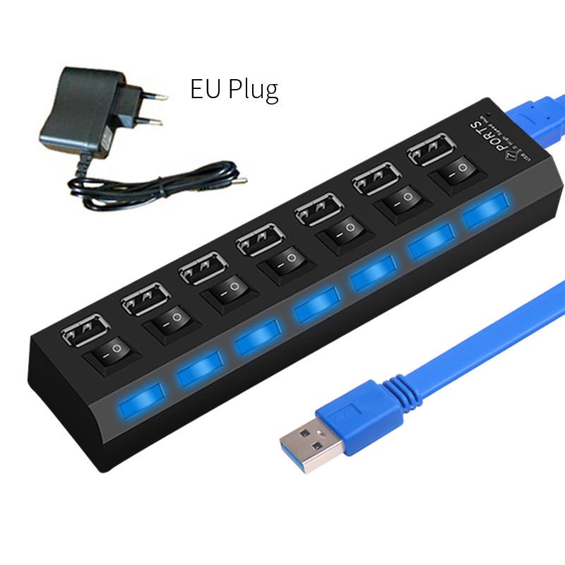 OUSU Hoge Snelheid 5G 4 7 Poorten USB Splitter mini Multi USB Hub 3.0 Schakelaar hab USB Hub met power Adapter Computer PC Accessoires: 7 Ports 3.0 black EU