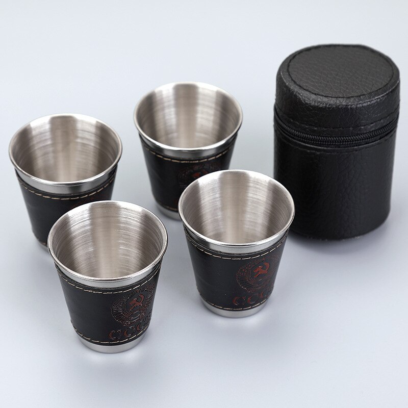 4Pcs/Set Stainless Steel Vodka Cup Set Portable Mini Wine Tumbler With Leather Cover Case Bag Outdoor Bar Wine Beer Whiskey Cup
