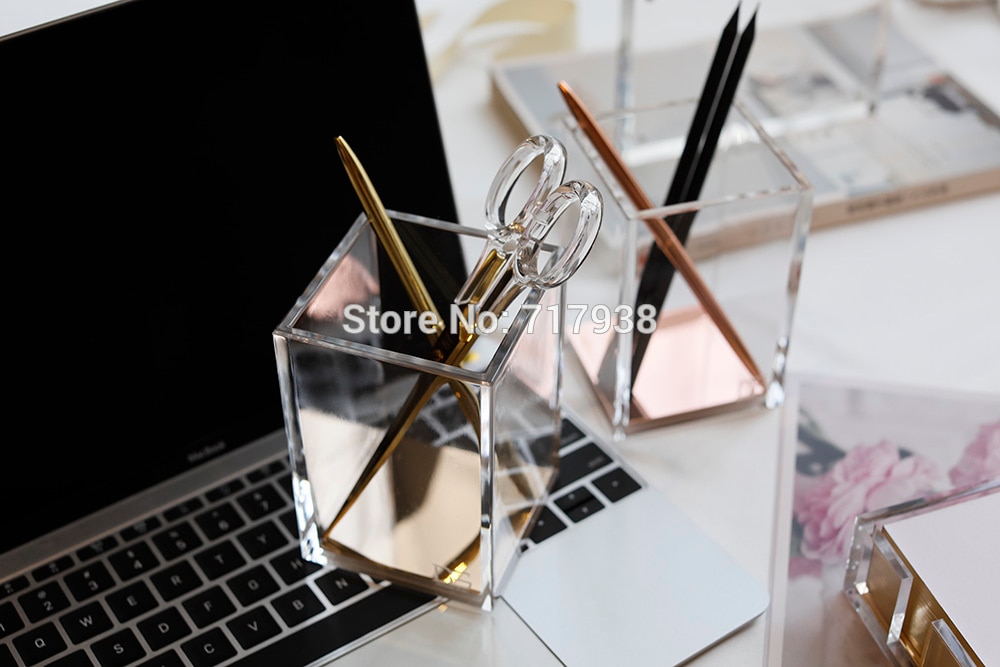 yellow gold /rose gold Acrylic Pencil and Pen Holder, Desktop Stationery Organizer Modern