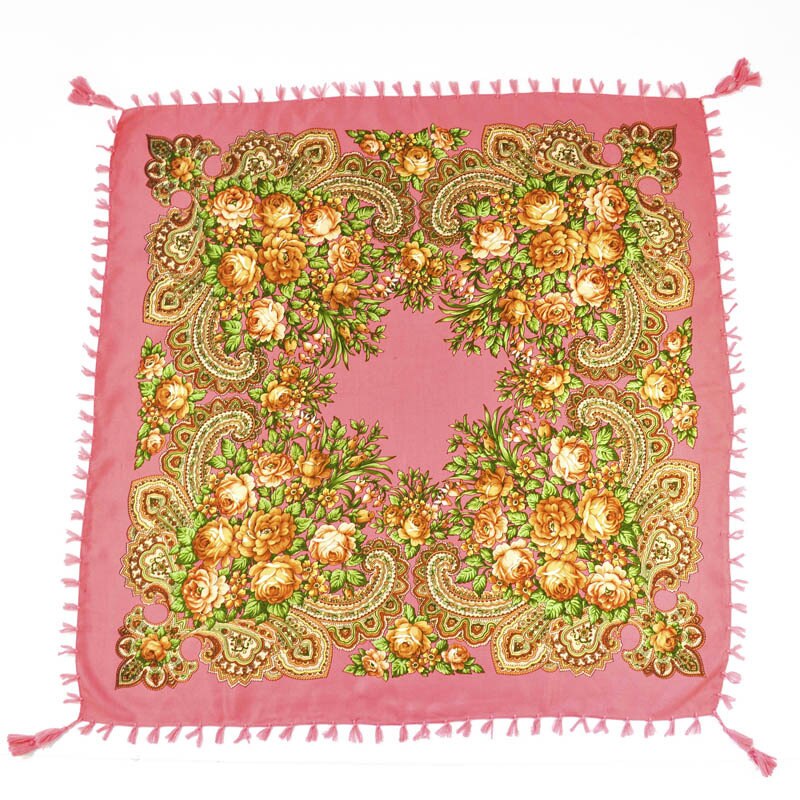 90*90cm châles russes pour femmes, écharpes nationales en coton imprimé, foulards russes rétro à franges, bandanas, pashminas d'hiver pour dames: 9