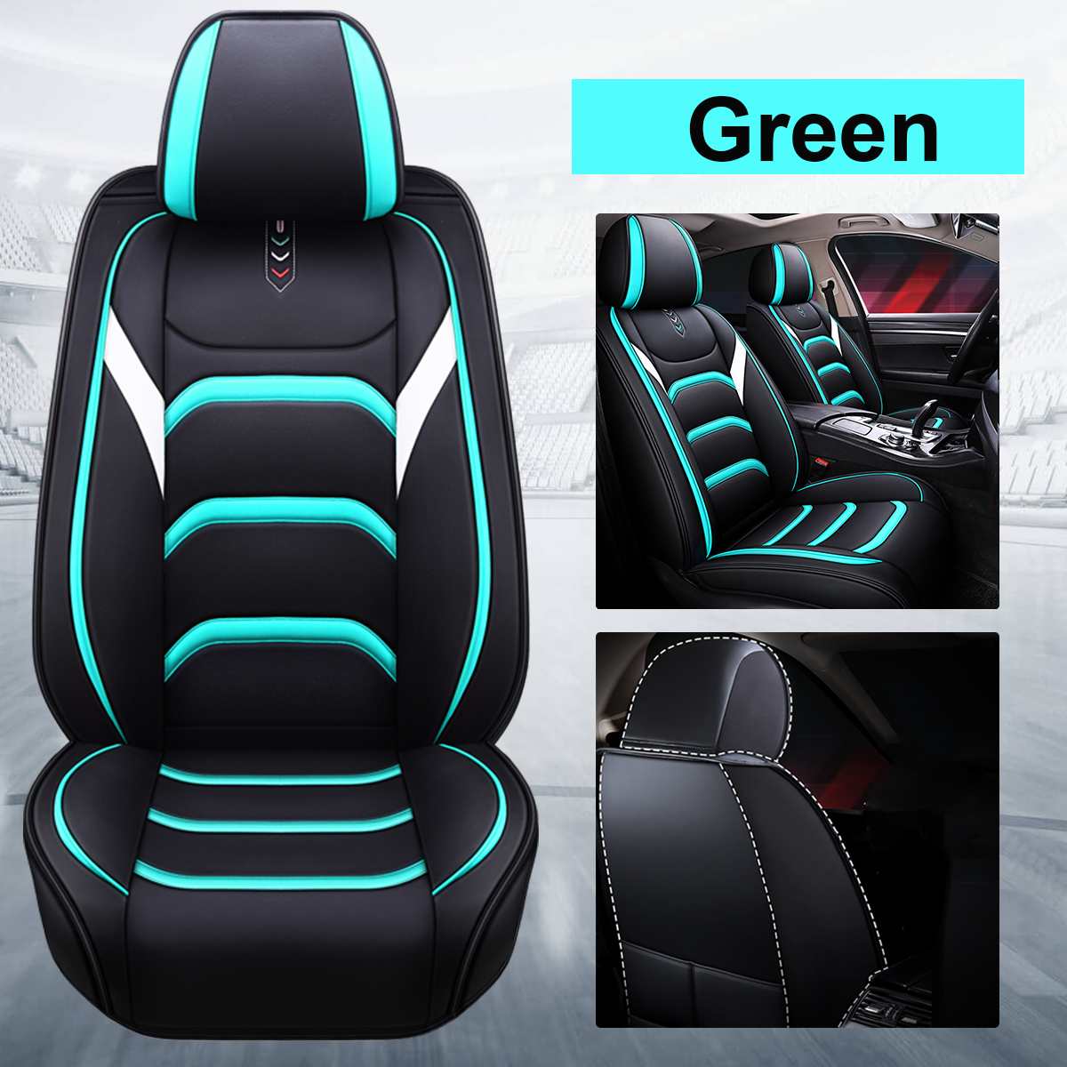 Universele Auto Stoelhoezen Set Front Stoelhoezen Pu Lederen Kussen Interieur Auto Stoel Stoelen Protector Mat Auto Accessoires: green