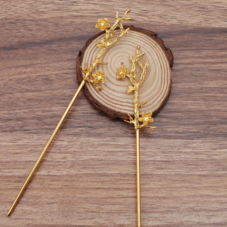 2Pcs 24X60Mm Bloem Koper Haarspelden Vorken Vorm Hair Sticks Haar Pin Haar Clip Haar Dragen Voor diy Sieraden Accessoires: Gold