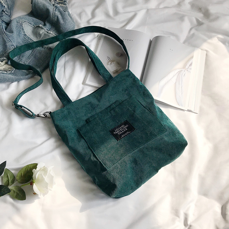 Women Corduroy Canvas Tote Ladies Casual Shoulder Bag Shopping Shopper Hand Bags For Female Messenger Korean Handbag Bag: Green