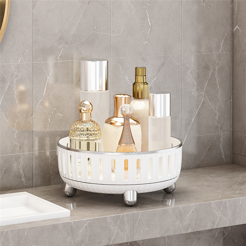 Organizador de maquillaje giratorio de A19F-360 grados para tocador, almacenamiento de cosméticos con compartimentos para perfumes duradero fácil de instalar blanco