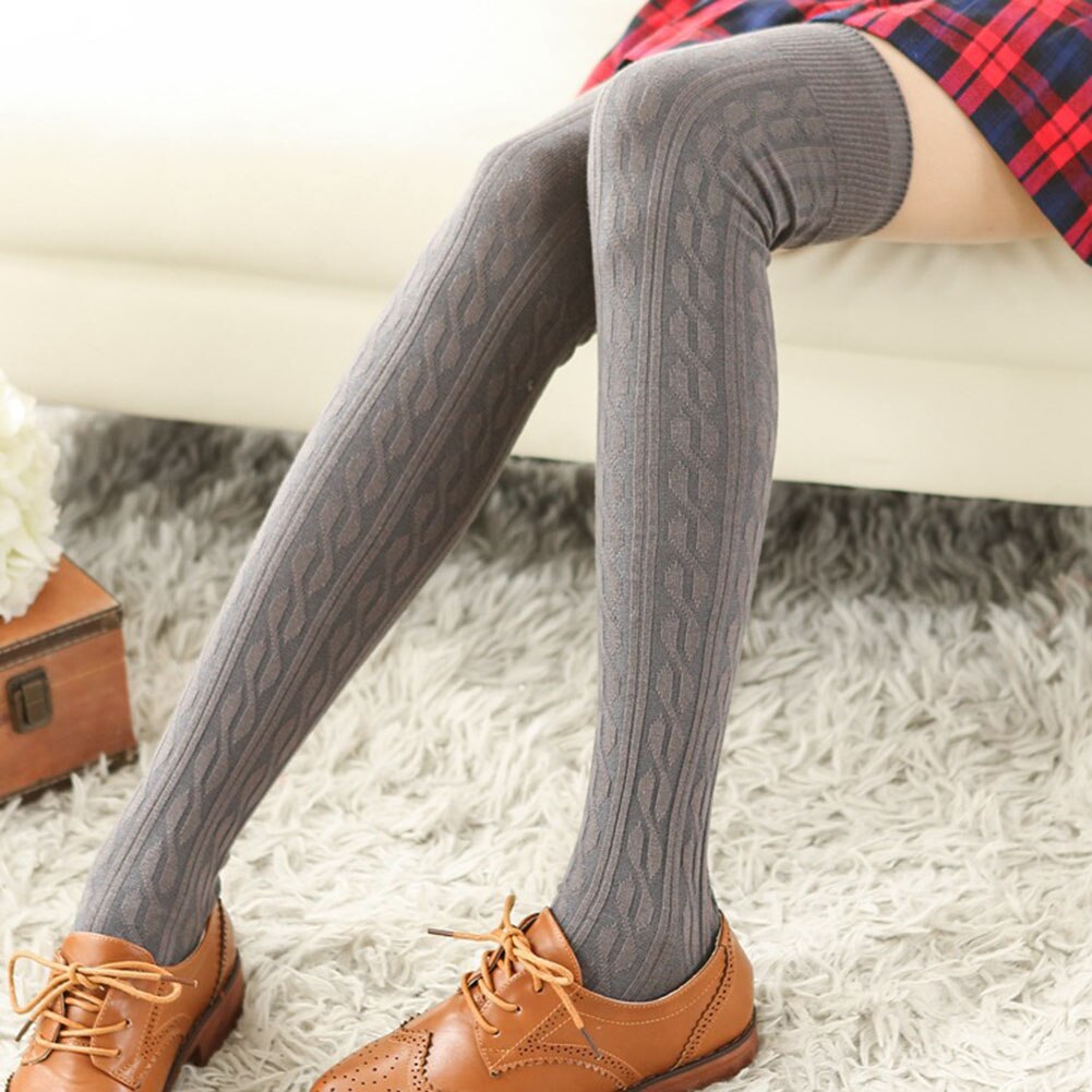 Jacquard Twist High Knee Socks Cotton Warm Thigh High Over Knee Cotton High Socks Solid ColorJapanese Student High Socks Winter