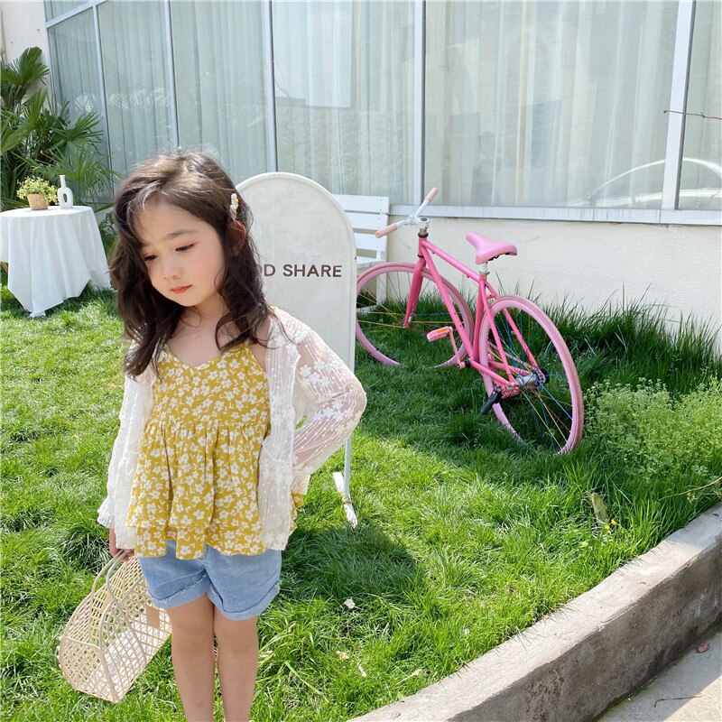 Wlg piger bluse børn sommer blomsterprint gul strop skjorter baby pige søde toppe til 1-6 år