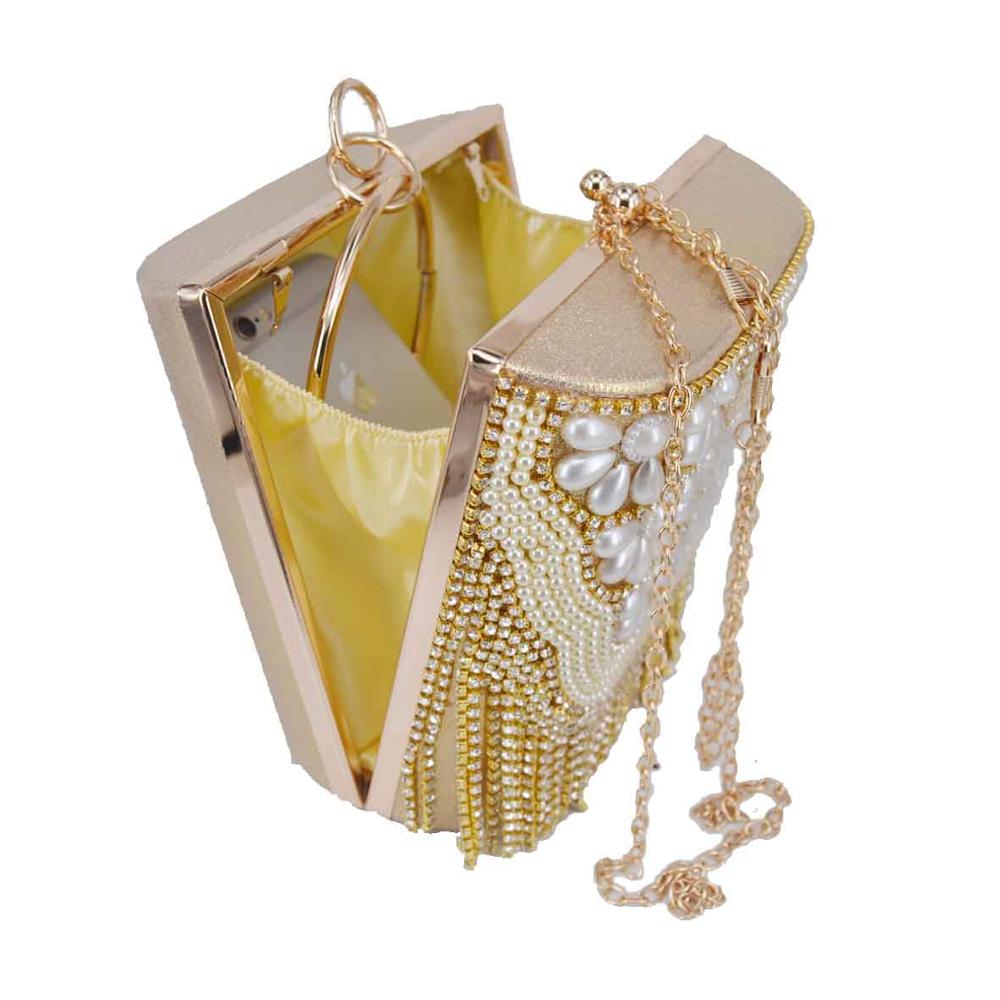 Sacs à main en cristal doré pour femmes, pochettes à glands, sacs de soirée à perles, sacs à poignet en fer, fourre-tout à bandoulière