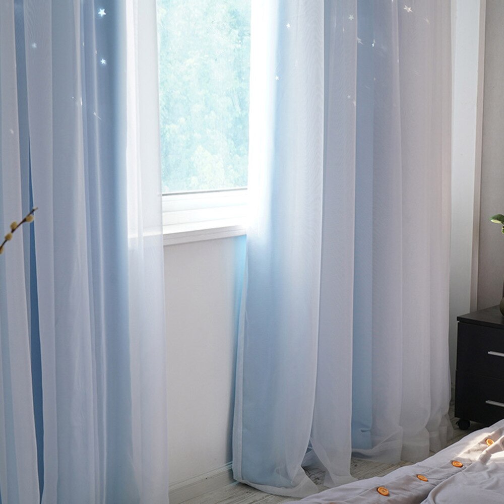 Cortinas con estrellas, doble tela y gasa, grises