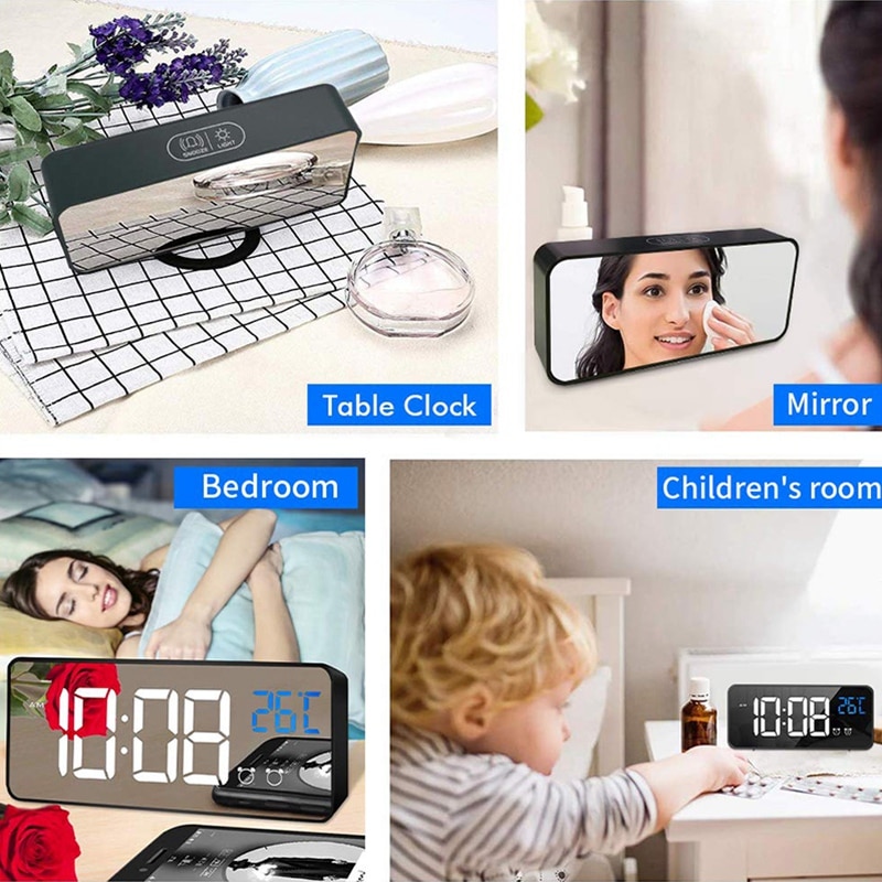 Digitalt vækkeur til soveværelser ledet display med usb-port oplader ,12/24 h,2 alarmer, temperaturregistrering ,0-100%  lys