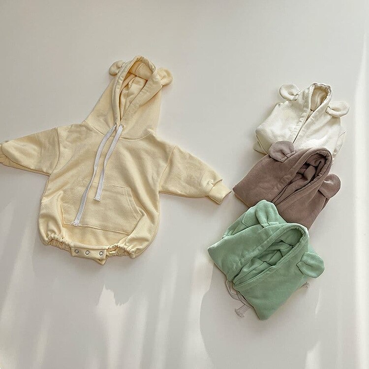 8222 Baby Kleding Hooded Jongens Bodysuit Herfst Pure Kleur Beer Oor Hooded Meisjes Bodysuit 0-2T Baby een Stuk Kleding Onesie