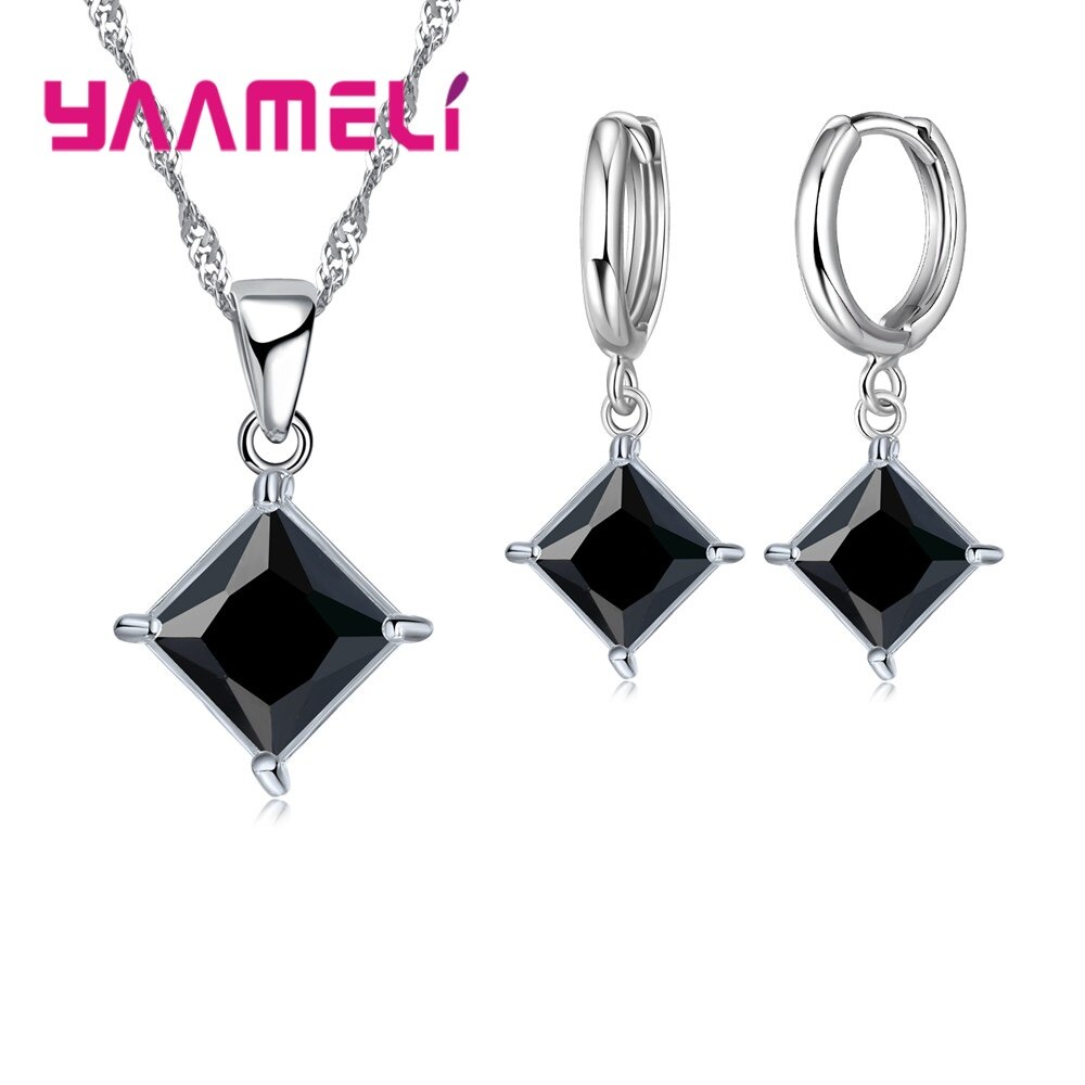 Authentieke 925 Sterling Zilveren Glanzende Cz Geometrische Klassieke Vierkante Huggie Oorbellen Ketting Sets Voor Vrouwen Fijne Sieraden: Black