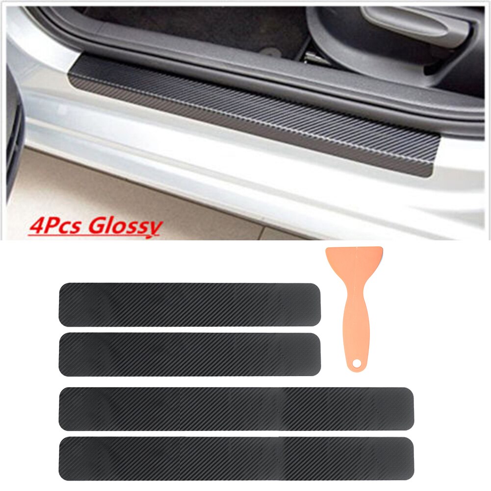 4pcs/Set 3D Carbon Fiber Scuff Plate Car Door Sill Protector Panel Stickers Black Wrap Film Automotive Wrap Film Anti-Collision