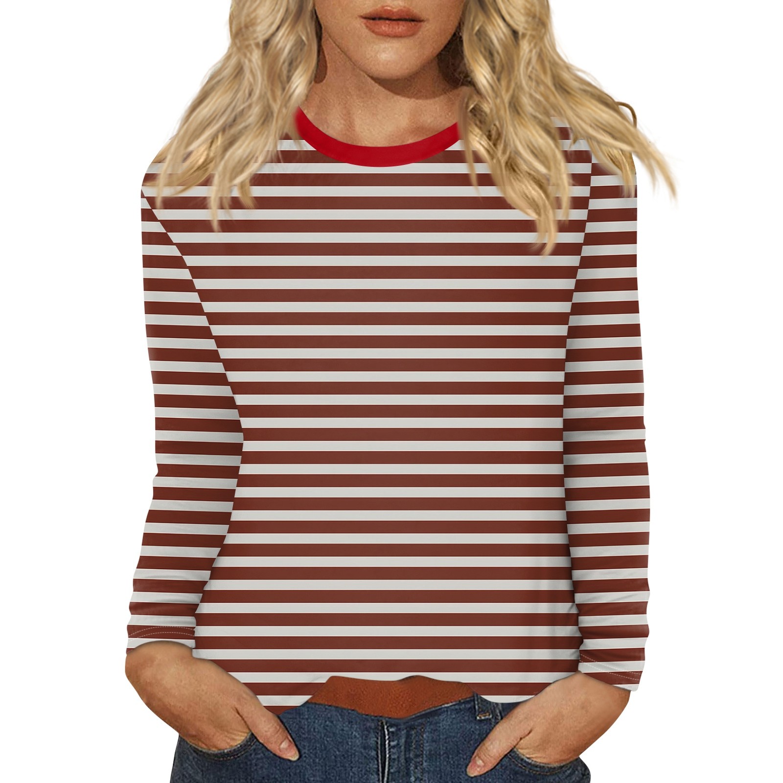 T-Shirt à Manches sulfet Col Ras du Cou pour Femme, Vêtement Décontracté, Rayé, Imprimé, Tendance, à la , de , 03