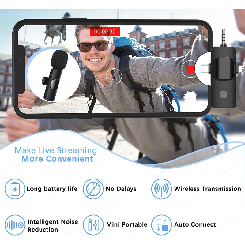 4 In 1 Wireless Lavalier Microphone for iPhone Android 3.5mm for Radio Live Recording Noise Reduction Mini Microph
