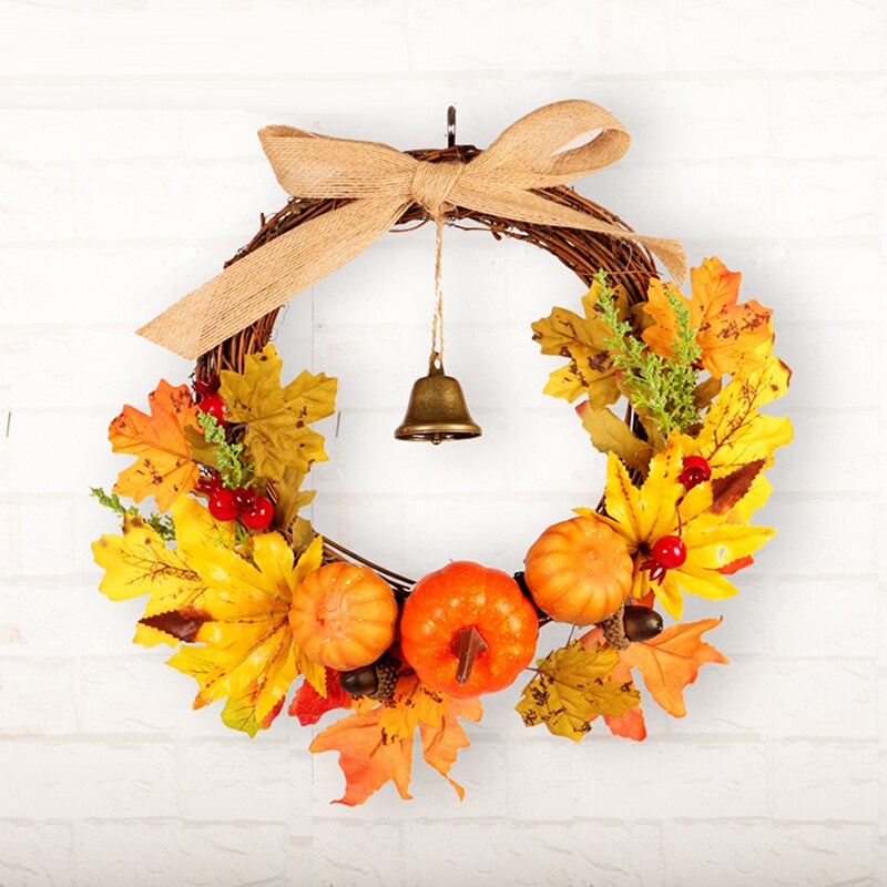 40Cm Thanksgiving Krans Herfst Kleur Guirlande Oogstfeest Bells Esdoornblad Pompoen Deur Hanger Kunstmatige Decoraties