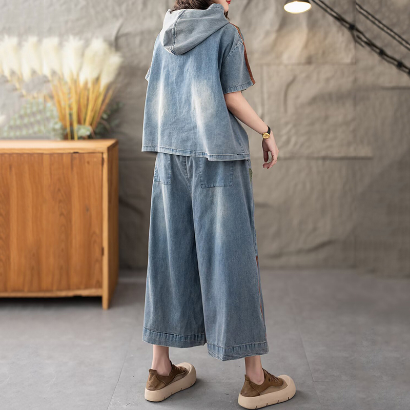 masse wass sommerantrekk dame trenings denim 2- delt sett kommode løse hettegensere årgang jeans avslappet vide bukser