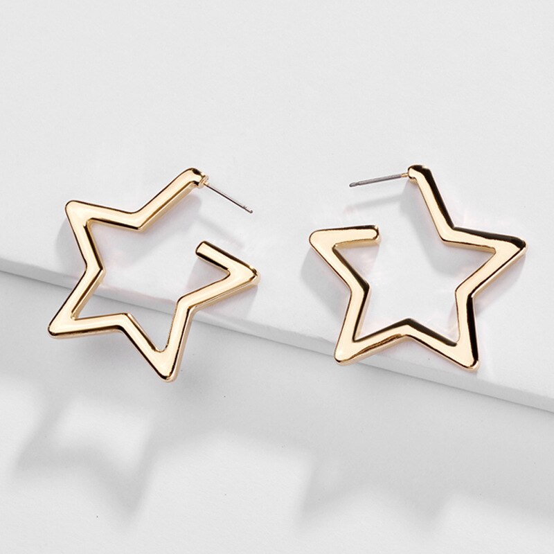 SRCOI Simple Korean Hollow Gold Color Metal Big Star Hoop Earrings Women Exaggerated Geometric Alloy Open Party Hoop Earrings