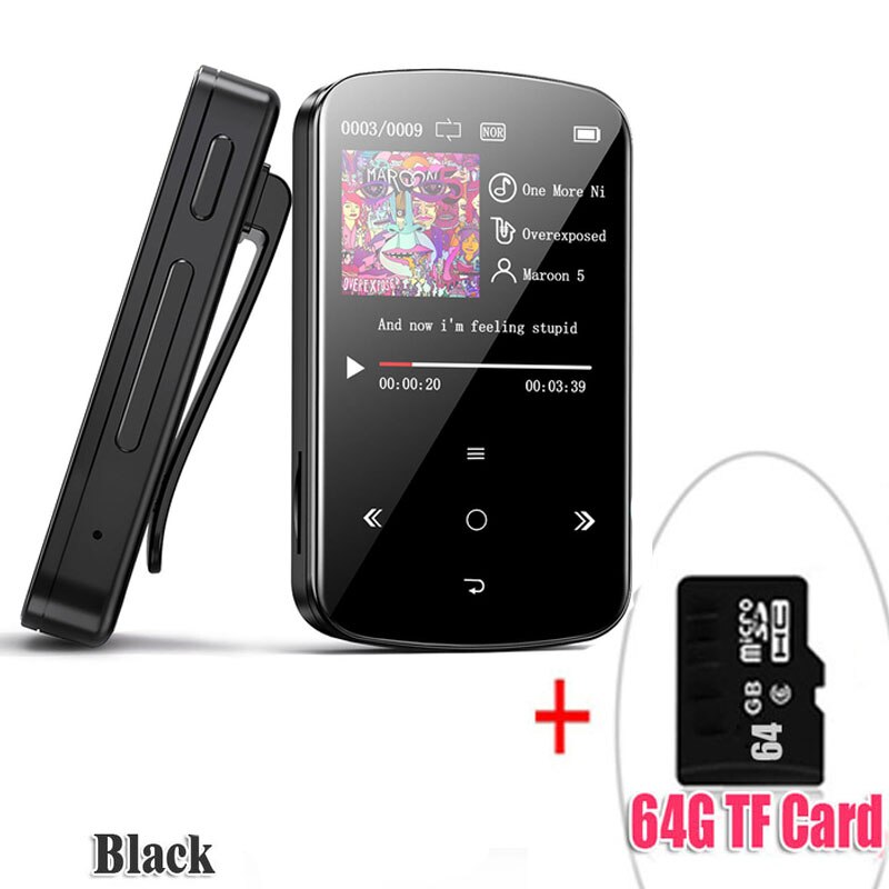 Lettore mp3 bluetooth con Touch Screen, lettore musicale portatile con contapassi, Radio FM, bluetooth stereo mini versione: BlackWith64GBTFcard