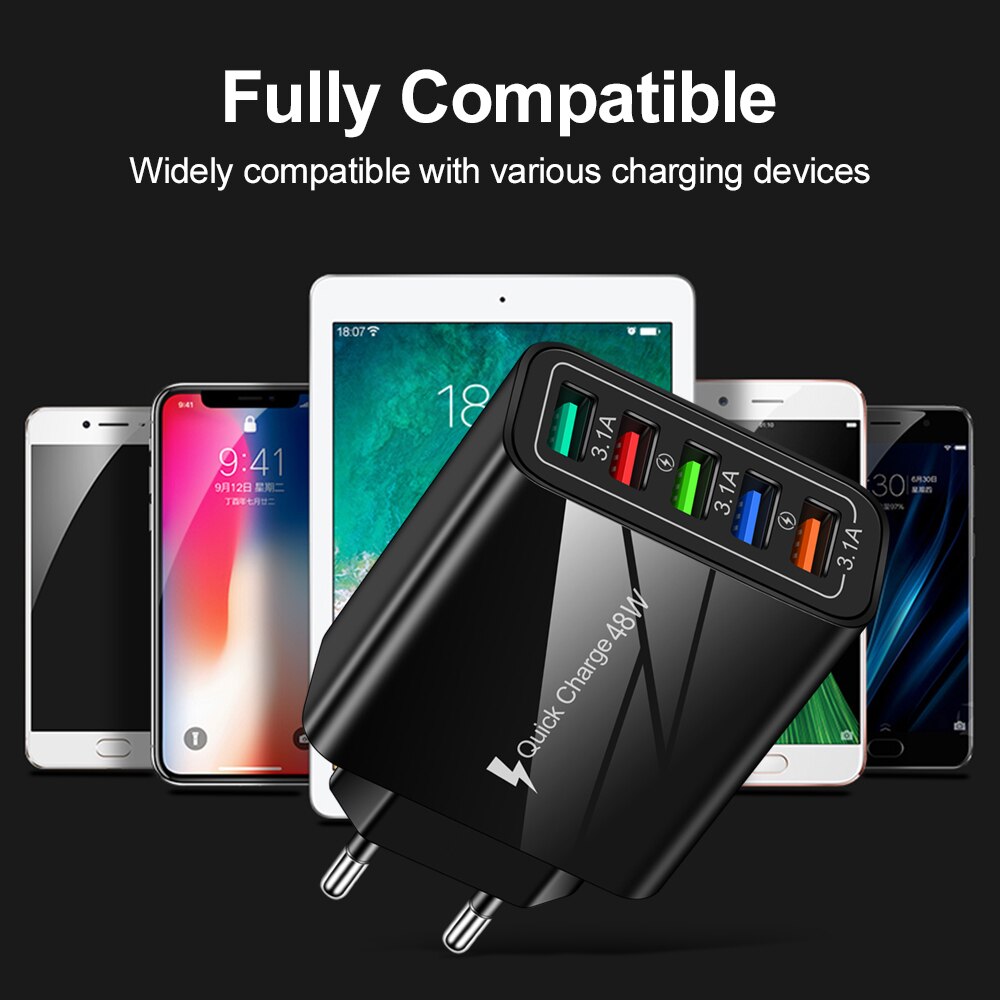 48W 5 USB Fast Phone Charger Quick Charge 3.0 Wall Mobile Phone Adapter for iPhone iPad Xiaomi Samsung Tablet QC 3.0 USB Charger